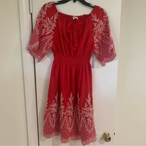 Kindred Anthropologie Bright Red Embroidered Dress Smocked Waist Scallop Hem XL